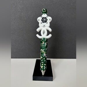 Custom Beaded Sparkling Green and White Pen